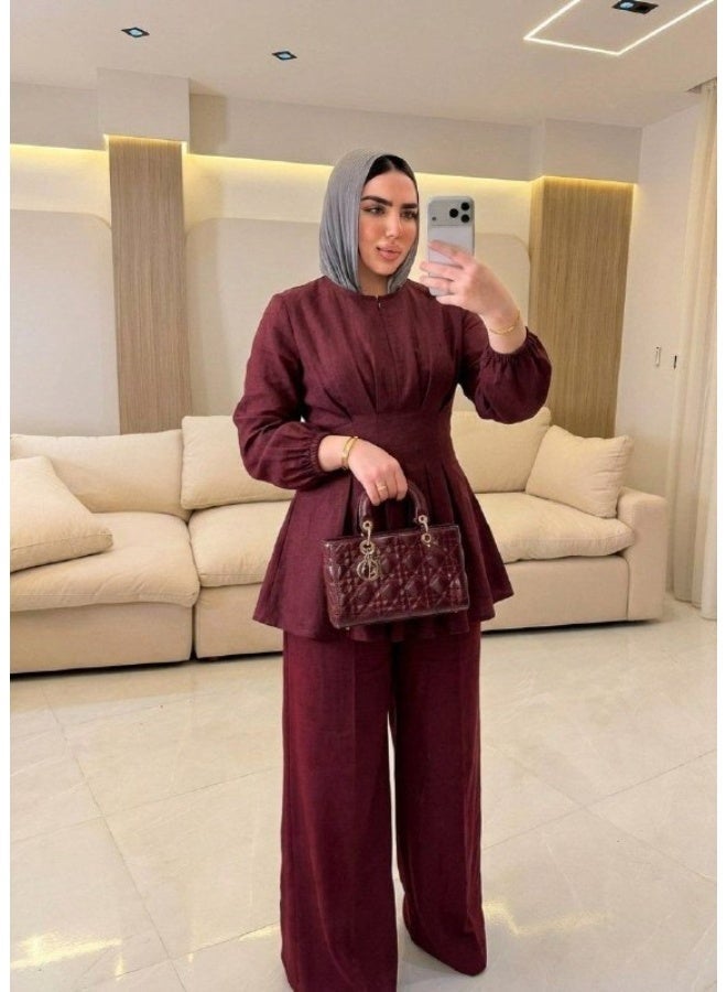 طقم سوت حريمي قطعتين كاجوال شيك  بلوزة ڤرونس بحركات مميزة + بنطلون وايد ليج  كتان فرنساوي معالج مستورد عالي الجودة  مقاس مناسب من 65 إلى 70 كجم – كود 214 باللون البرغاندي - Image 2