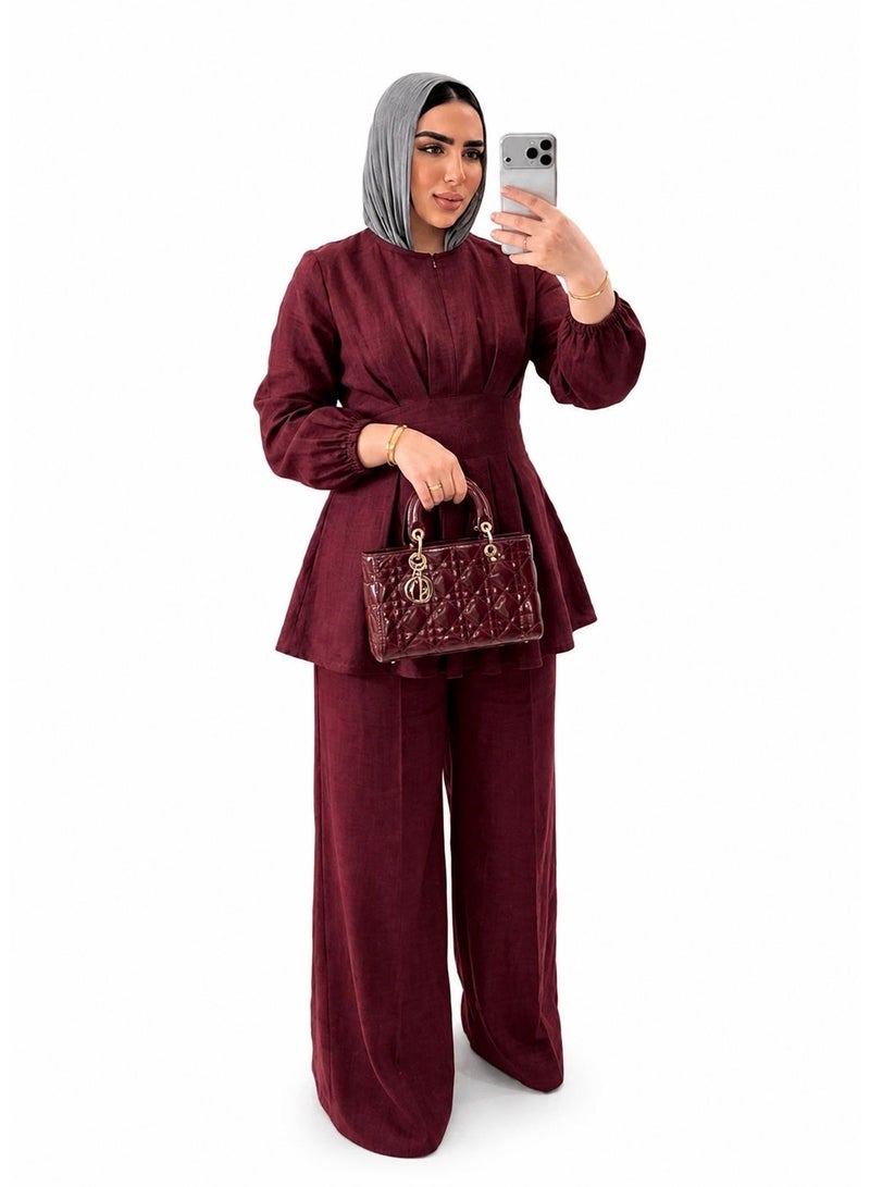 طقم سوت حريمي قطعتين كاجوال شيك  بلوزة ڤرونس بحركات مميزة + بنطلون وايد ليج  كتان فرنساوي معالج مستورد عالي الجودة  مقاس مناسب من 65 إلى 70 كجم – كود 214 باللون البرغاندي - Image 1