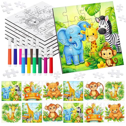 Fuyoooo 72 Pcs Jungle Safari Paper Puzzle Animal Party Favors Gifts Bulk DIY Puzzle Arts and Crafts Kit with Cards Colour Pen for Birthday Holiday Party Favors and Gift Supplies Bulk - Image 1