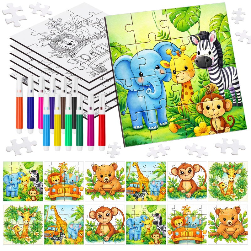 Fuyoooo 72 Pcs Jungle Safari Paper Puzzle Animal Party Favors Gifts Bulk DIY Puzzle Arts and Crafts Kit with Cards Colour Pen for Birthday Holiday Party Favors and Gift Supplies Bulk - Image 3