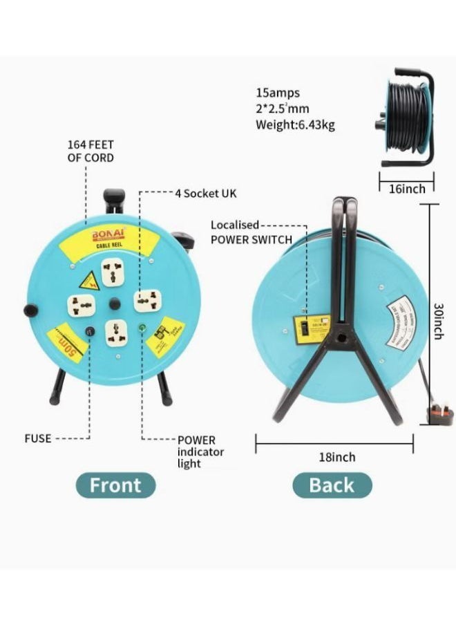 BONAI - 50M Power Extension Reel with Universal Sockets Electrical cable Surge Fuse Protector - Image 1