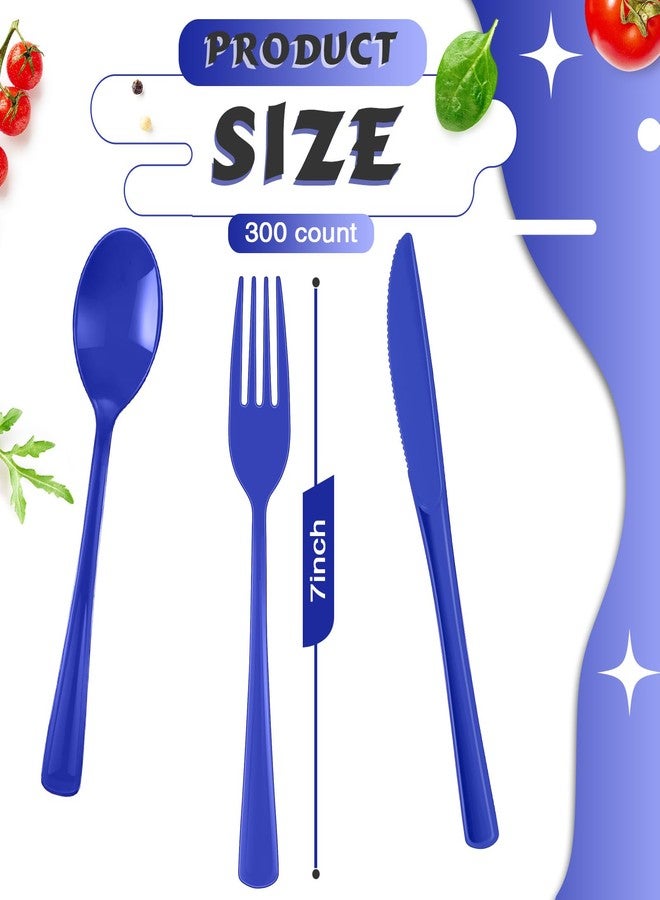 Yinkin 300 Pcs Plastic Silverware Heavy Duty Cutlery Set Plastic Utensils Set Includes 100 Disposable Spoons 100 Forks Knives for Parties Catering Family Gathering(Royal Blue) - Image 2