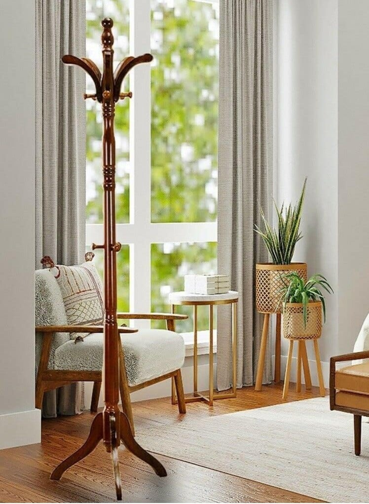 Coat Rack Hanger Stand Free Standing Coat Tree Wooden Hat Stand Adjustable Height Clothes Tree Stands with 13 Hooks for Bag Hat Dress  - Image 5