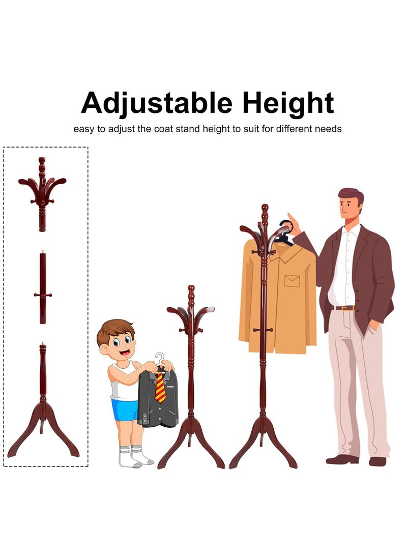 Coat Rack Hanger Stand Free Standing Coat Tree Wooden Hat Stand Adjustable Height Clothes Tree Stands with 13 Hooks for Bag Hat Dress