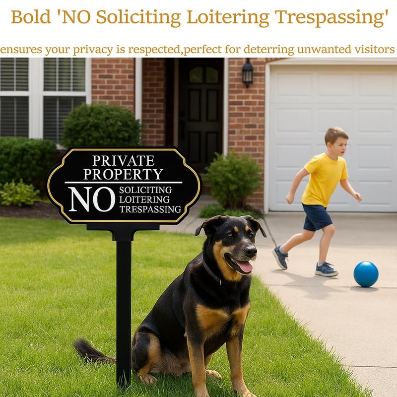 DXSIGN No Soliciting Sign for Front Door with Stake, Private Property No Trespassing Sign 14x7 inch/37 inch High for House and Yard (1-Pack) - Image 2