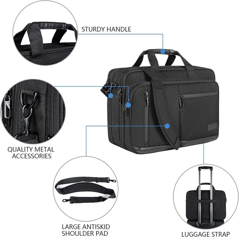 VANKEAN Laptop Briefcase for Men Women, 17.3 Inch Laptop Bag Water Repellent & Expandable Messenger Bag with Strap, Premium Shoulder Bag Womens Briefcase Computer Bag for Travel/Business, Black - Image 3