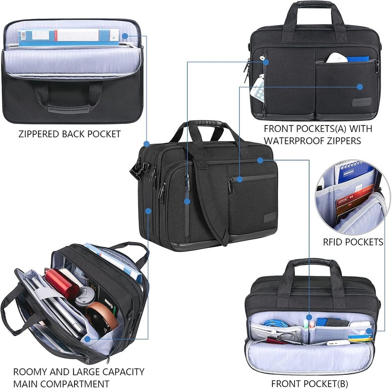 VANKEAN Laptop Briefcase for Men Women, 17.3 Inch Laptop Bag Water Repellent & Expandable Messenger Bag with Strap, Premium Shoulder Bag Womens Briefcase Computer Bag for Travel/Business, Black - Image 5