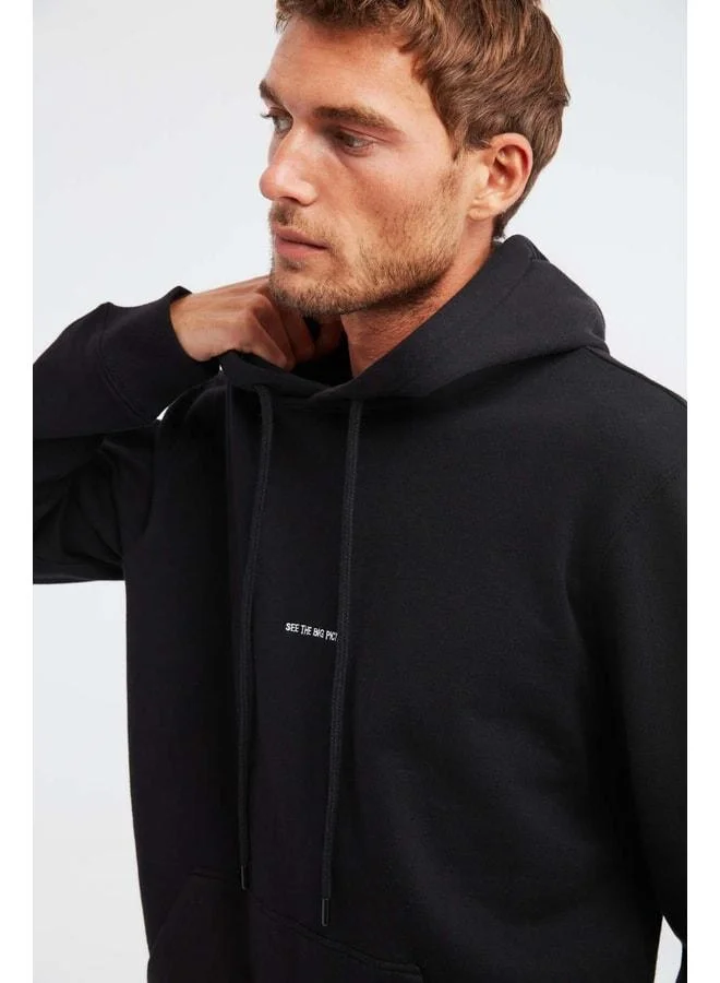 GRIMELANGE Epic Men's Puffy Fabric Hooded Cord Regular Fit Embroidered Black Sweatshirt