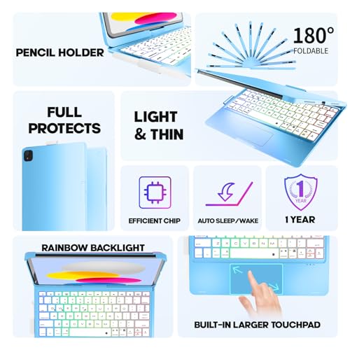 NOKBABO for iPad 10th 11th (A16) Generation Case with Keyboard, iPad Air 11 inch case (M4/M3/M2), Keyboard for iPad Pro 11 (4th/3rd/2nd/1st) & iPad Air 5/4, Trackpad, 360° Swivel, Backlit - Sky Blue - Image 4