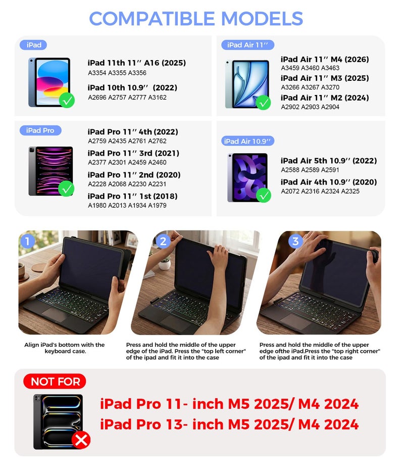 NOKBABO for iPad 10th 11th (A16) Generation Case with Keyboard, iPad Air 11 inch case (M4/M3/M2), Keyboard for iPad Pro 11 (4th/3rd/2nd/1st) & iPad Air 5/4, Trackpad, 360° Swivel, Backlit - Sky Blue - Image 2
