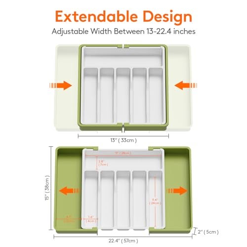 Lifewit Silverware Drawer Organizer, Expandable Utensil Tray for Kitchen, BPA Free Flatware and Cutlery Holder, Adjustable Plastic Storage for Spoons Forks Knives, Large, Green&White - Image 3