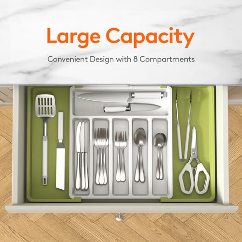 Lifewit Silverware Drawer Organizer, Expandable Utensil Tray for Kitchen, BPA Free Flatware and Cutlery Holder, Adjustable Plastic Storage for Spoons Forks Knives, Large, Green&White - Image 2