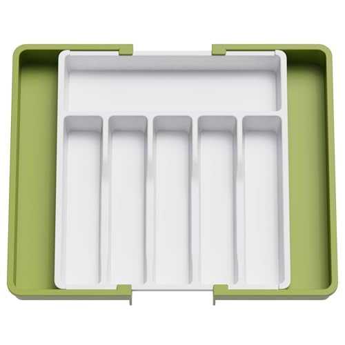 Lifewit Silverware Drawer Organizer, Expandable Utensil Tray for Kitchen, BPA Free Flatware and Cutlery Holder, Adjustable Plastic Storage for Spoons Forks Knives, Large, Green&White - Image 1