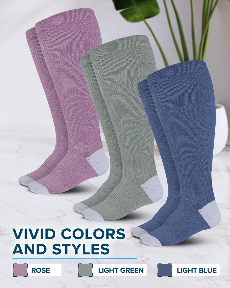 Doctor's Select 3 Pairs Plus Size Compression Socks Wide Calf | Bamboo Viscose Knee High Extra Wide Calf Compression Socks Women & Men | Light Green, Light Blue, Rose - Image 4