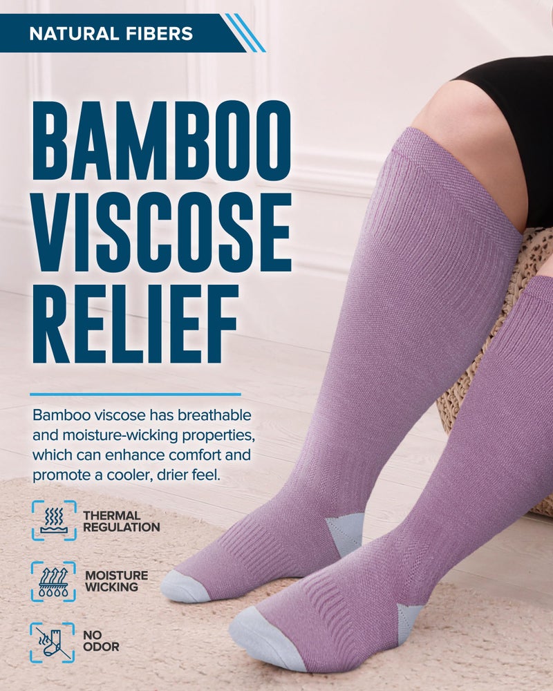 Doctor's Select 3 Pairs Plus Size Compression Socks Wide Calf | Bamboo Viscose Knee High Extra Wide Calf Compression Socks Women & Men | Light Green, Light Blue, Rose - Image 3