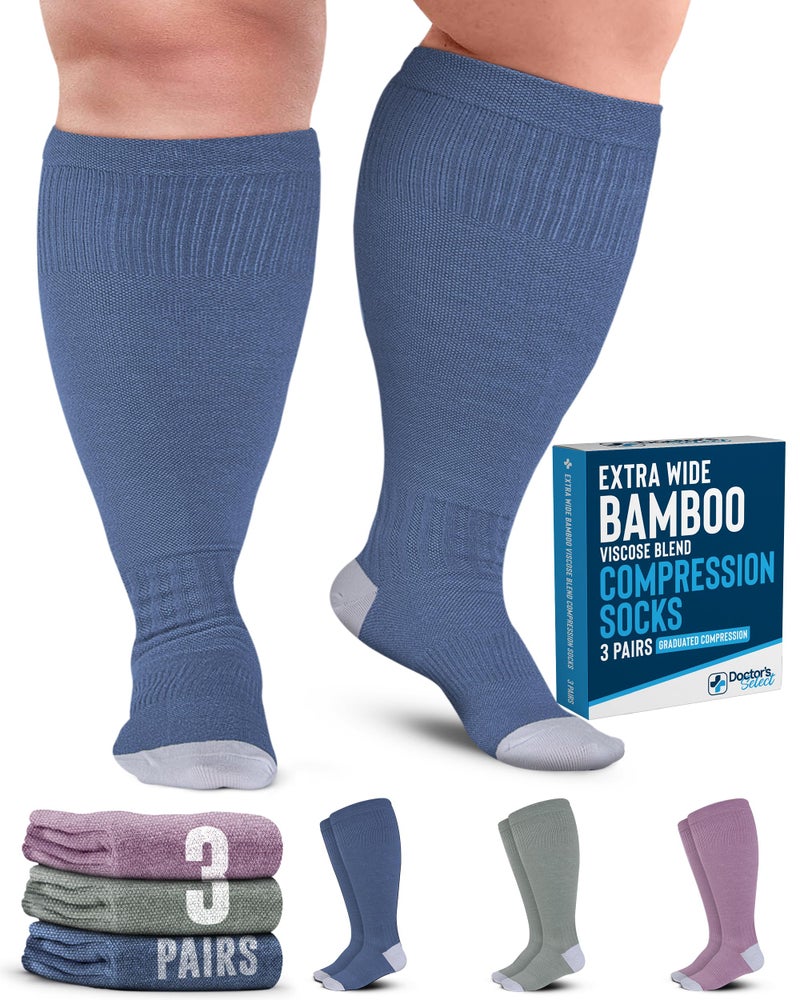 Doctor's Select 3 Pairs Plus Size Compression Socks Wide Calf | Bamboo Viscose Knee High Extra Wide Calf Compression Socks Women & Men | Light Green, Light Blue, Rose - Image 1
