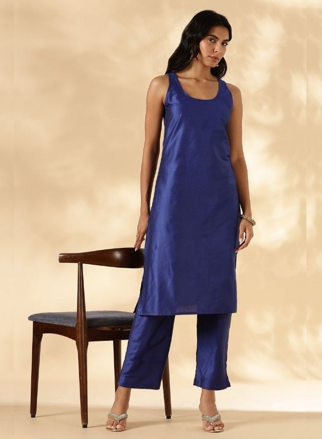 Abhishti Solid Blue Sleeveless Kurta Pant Set - Image 4
