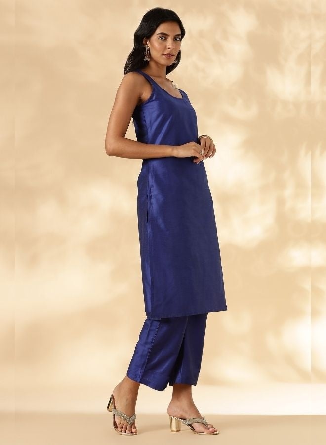 Abhishti Solid Blue Sleeveless Kurta Pant Set - Image 3