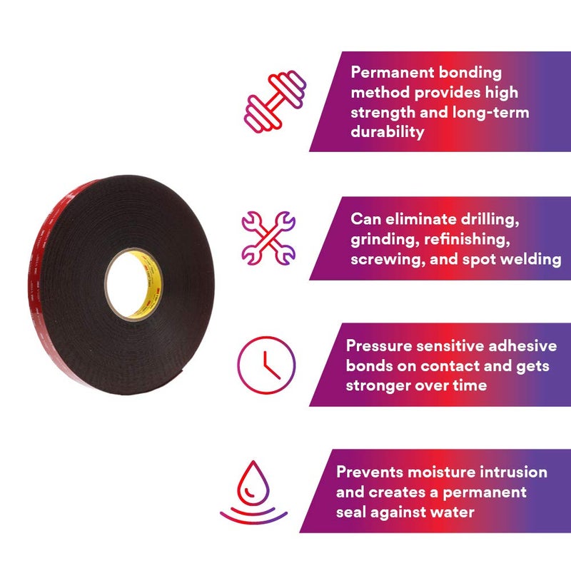 3M VHB Tape 5952 Double-Sided Acrylic Foam Tape - Heavy Duty, Industrial Mounting Tape - 1 inch width x 36 yards length, 45 mil thick - Black - Image 3