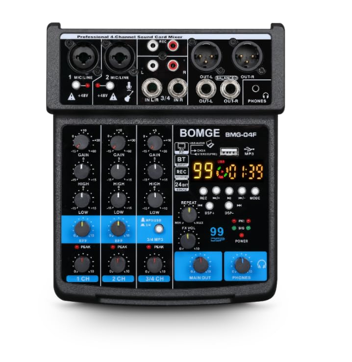 BOMGE 4 Channel mini DJ Audio Sound Mixer Interface with MP3 USB Bluetooth Stereo Recording 48V Phantom Power 99 DSP for karaoke performance church singing podcas streaming - Image 1