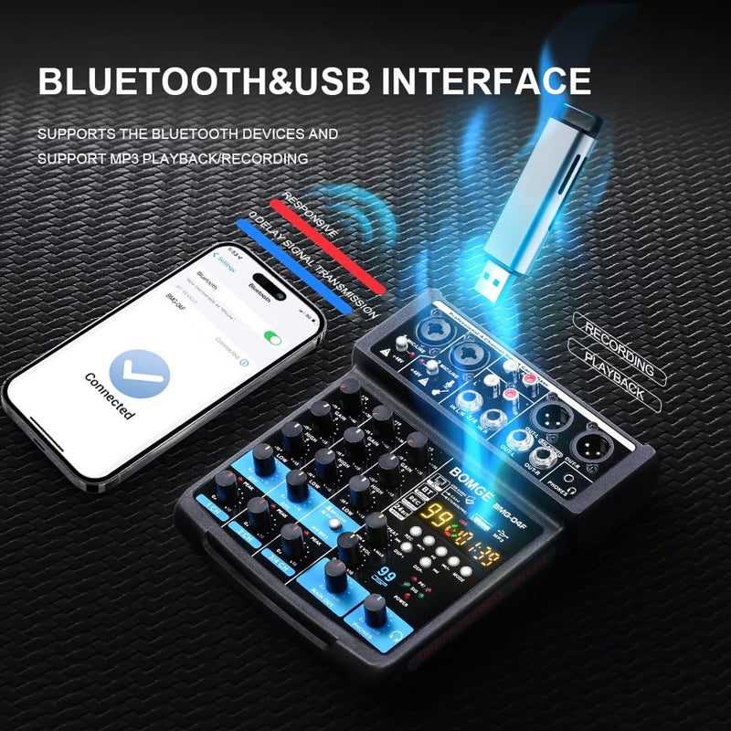 BOMGE 4 Channel mini DJ Audio Sound Mixer Interface with MP3 USB Bluetooth Stereo Recording 48V Phantom Power 99 DSP for karaoke performance church singing podcas streaming - Image 3