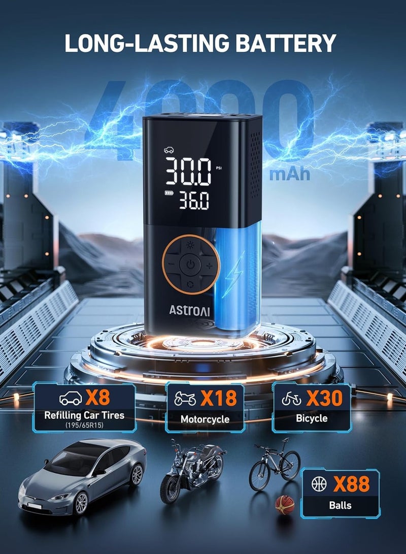 AstroAI L7 Air Compressor Tire Inflator Portable Cordless Bike Pump with Digital Dual Values Display, 150 PSI Car Tires Pump with LED Lights Air Pump for Cars, Motorcycles, Bikes, Balls - Image 2