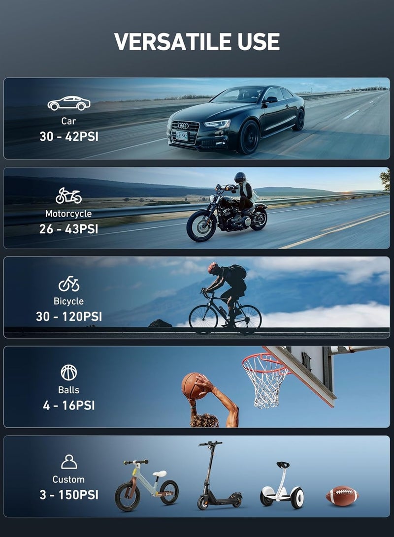 AstroAI L7 Air Compressor Tire Inflator Portable Cordless Bike Pump with Digital Dual Values Display, 150 PSI Car Tires Pump with LED Lights Air Pump for Cars, Motorcycles, Bikes, Balls - Image 5