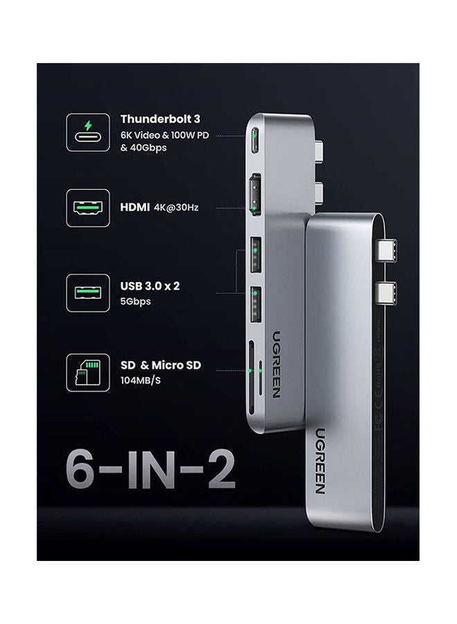 Ugreen USB C Hub for MacBook Pro 6-In-2 Type C Hub Adapter with 4K HDMI Thunderbolt 3 USB-C Port SD TF Card Reader 2*USB 3.0 for Macbook Pro/Air M1 2021/2020/2019/2018 - Image 2