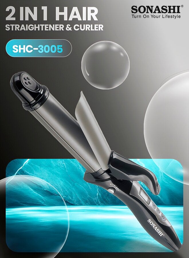 SONASHI 2in1 Hair Curler And Straightener with Ceramic Coated Barrel  LED Display  360 Swivel Cord  On And Off Switch  Hair Styling Tool  Curler Straightener with Power 45W  300grams SHC-3005 Grey/Black 300grams - Image 1