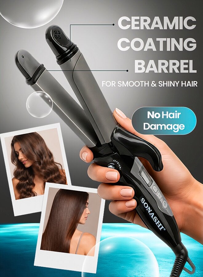 SONASHI 2in1 Hair Curler And Straightener with Ceramic Coated Barrel  LED Display  360 Swivel Cord  On And Off Switch  Hair Styling Tool  Curler Straightener with Power 45W  300grams SHC-3005 Grey/Black 300grams - Image 2