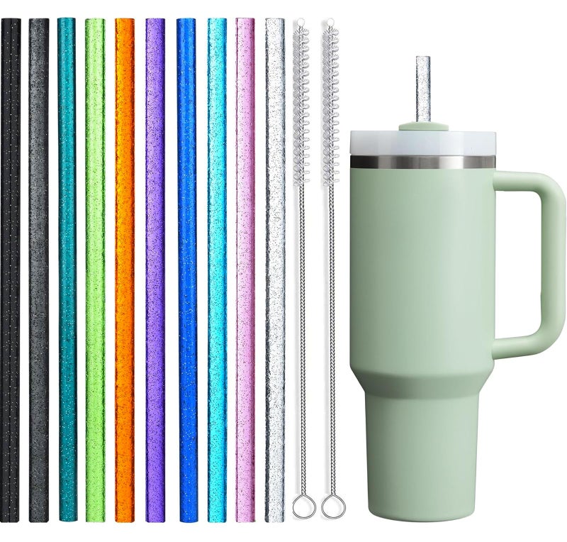 ALINK Reusable Glitter Straws for Stanley 40 oz 30 oz Tumbler 12 in Long Colorful Hard Plastic Straws 10 Colors Translucent Replacement Straw for Stanley Cup Yeti Owala Starbucks with 2 Brush