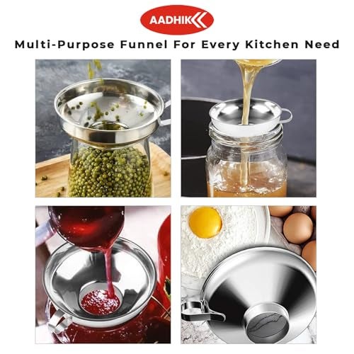 AADHIK Stainless Steel Canning Funnel for Kitchen | Wide Mouth Funnel for Mason Jars, Oil Bottles, Liquids, Grains & Spices | Steel Funnel with Handle for Easy Storage – Small Size (4.3 Inch) - Image 4
