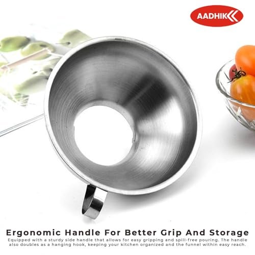 AADHIK Stainless Steel Canning Funnel for Kitchen | Wide Mouth Funnel for Mason Jars, Oil Bottles, Liquids, Grains & Spices | Steel Funnel with Handle for Easy Storage – Small Size (4.3 Inch) - Image 5