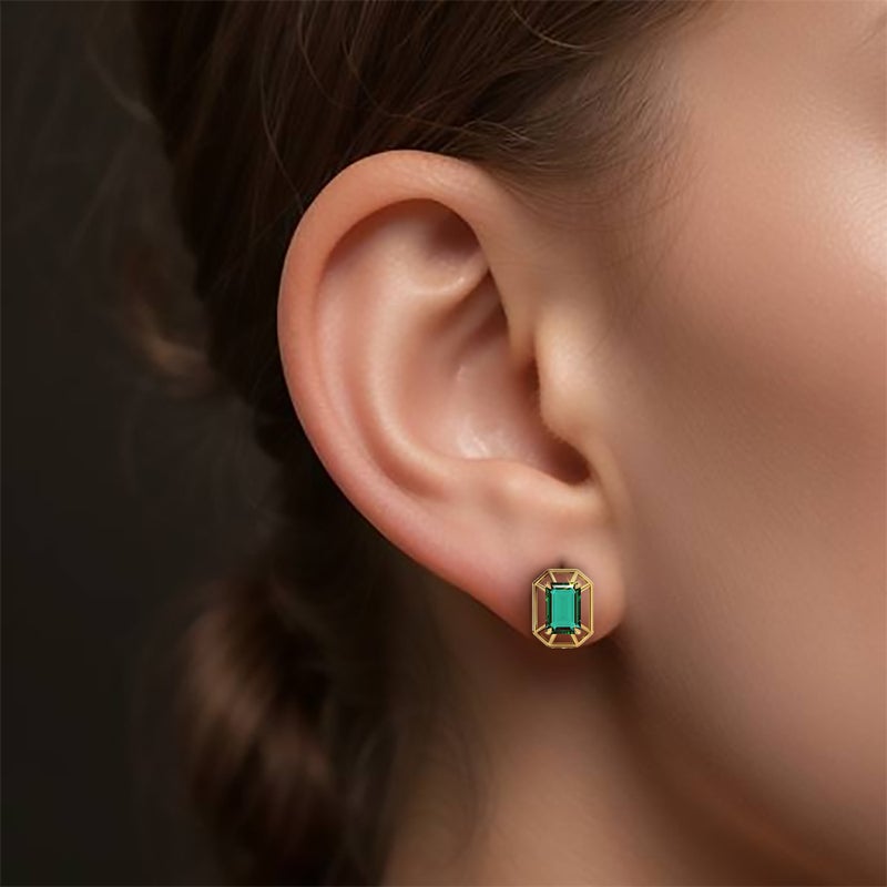 Instyle by L'azurde Octagon Green Stones Stud Earrings in 14K Gold - Image 2