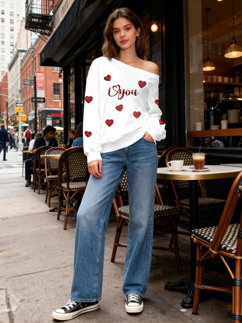 BANGELY Valentines Off Shoulder Sweatshirt Women Love Heart Long Sleeve Shirt Casual Oversized Sweatshirts Fashion Sequin Top - Image 2