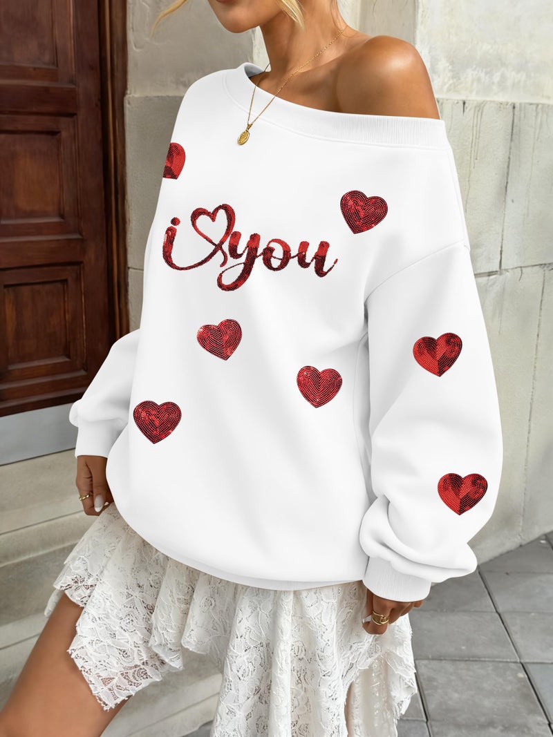 BANGELY Valentines Off Shoulder Sweatshirt Women Love Heart Long Sleeve Shirt Casual Oversized Sweatshirts Fashion Sequin Top - Image 4