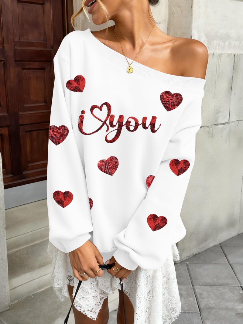 BANGELY Valentines Off Shoulder Sweatshirt Women Love Heart Long Sleeve Shirt Casual Oversized Sweatshirts Fashion Sequin Top - Image 5