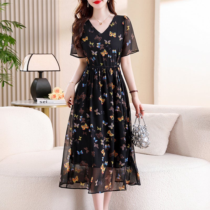 Chiffon Floral Print V-Neck Lace-Up Dress Summer 2024 Picture Color