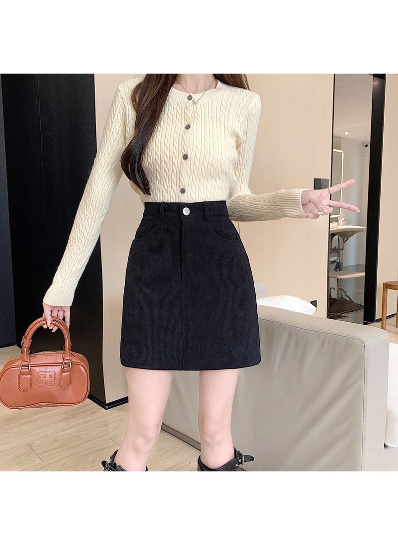 Generic - High-waisted Slimming Corduroy Skirt Womens Autumn/winter 2023 New Vintage Style A- line Mini Dress Black - Image 1