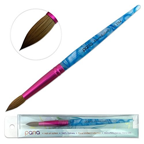 PANA USA Acrylic Nail Brush Pure Kolinsky Hair Acrylic White Swirl Blue Handle with Pink Ferrule Round Shaped  Size 12