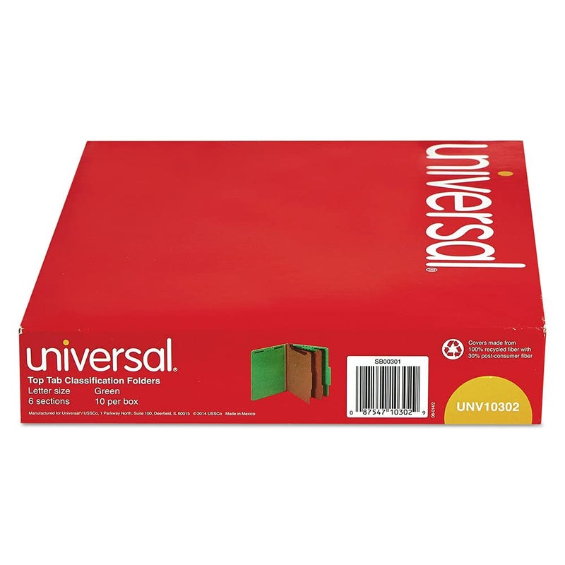 Universal UNV10302 2 Dividers Bright Colored Pressboard Classification Folders - Letter Size, Emerald Green (10/Box)