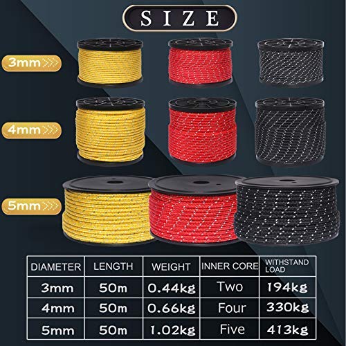 Hikeman 50m Reflective Guyline Solid Braid Nylon Camping Rope with Aluminum Adjuster Cord Tensioner Tent Accessory for Outdoor Travel,Hiking,Backpacking and Water Activities (Army Green, 4mm) - Image 2