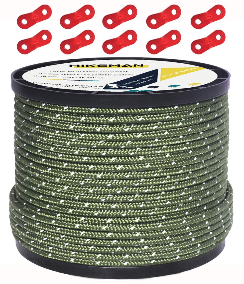 Hikeman 50m Reflective Guyline Solid Braid Nylon Camping Rope with Aluminum Adjuster Cord Tensioner Tent Accessory for Outdoor Travel,Hiking,Backpacking and Water Activities (Army Green, 4mm) - Image 1