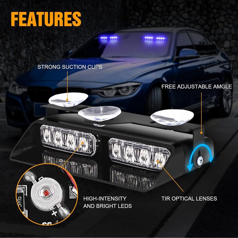 XRIDONSEN 2 in 1 Blue Emergency Dash Strobe Lights with Suction Cups for Vehicles - Image 3
