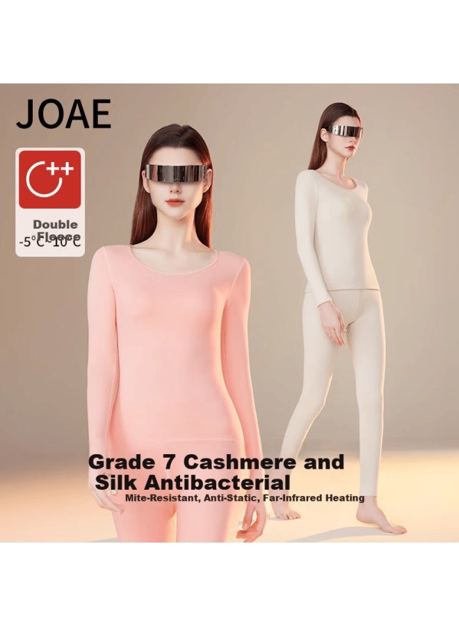 Joae Antibacterial Anti-mite Anti-static Cashmere Silk Women's Lightweight Thermal Underwear Set Autumn Top And Bottom With German Velvet