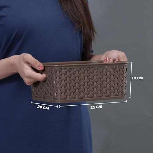 Bel Casa Royal Basket Small (Pack of 2 With lids) Multipurpose Plastic Storage Rectangular Baskets For Cosmetics Stationary Wardrobe Kitchen Washrooom & Livingroom I DARK BROWN - Image 2