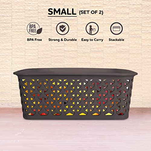 Bel Casa Royal Basket Small (Pack of 2 With lids) Multipurpose Plastic Storage Rectangular Baskets For Cosmetics Stationary Wardrobe Kitchen Washrooom & Livingroom I DARK BROWN - Image 3