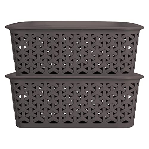 Bel Casa Royal Basket Small (Pack of 2 With lids) Multipurpose Plastic Storage Rectangular Baskets For Cosmetics Stationary Wardrobe Kitchen Washrooom & Livingroom I DARK BROWN - Image 1