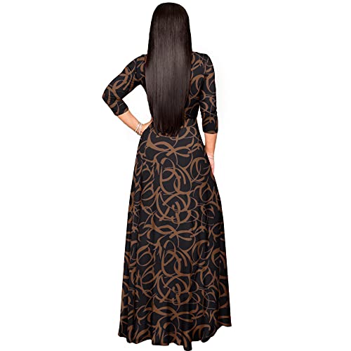 FANDEE Plus Size Maxi Dress for Women Casual Summer Sundress V-Neck 3/4 Sleeve(Brown Corrugated,2X-Large) - Image 3