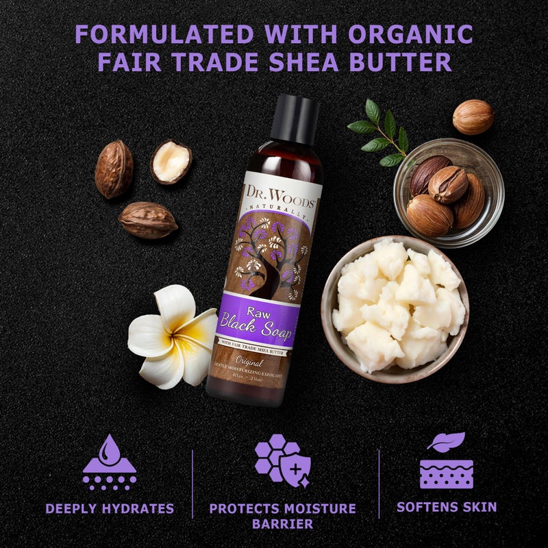 Dr. Woods Raw African Liquid Black Soap - Body Wash for Men and Women, Contains Organic Shea Butter, Gentle Exfoliant, Natural Cleanser for Face, Hands, and Body - 16 Fl Oz - Image 4